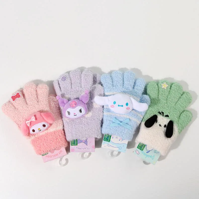 Cartoon Sanrioed Mymelody Kuromi Kawaii Five Finger Warm Gloves Ins Autumn and Winter Protective Granular Wool Gloves Small Gift