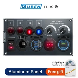 Toggle Switch Multi-Functions Aluminum Panel LED Dimmer Switch 12V 24V for RV Dual Port USB QC3.0  Cigarette Lighter