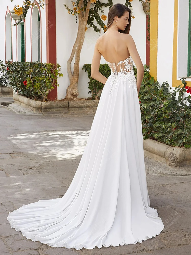 Vestidos de casamento encantadores uma linha clássico vestidos de noiva rendas apliques sem alças sexy alta fenda robes vestidos de novia personalizado
