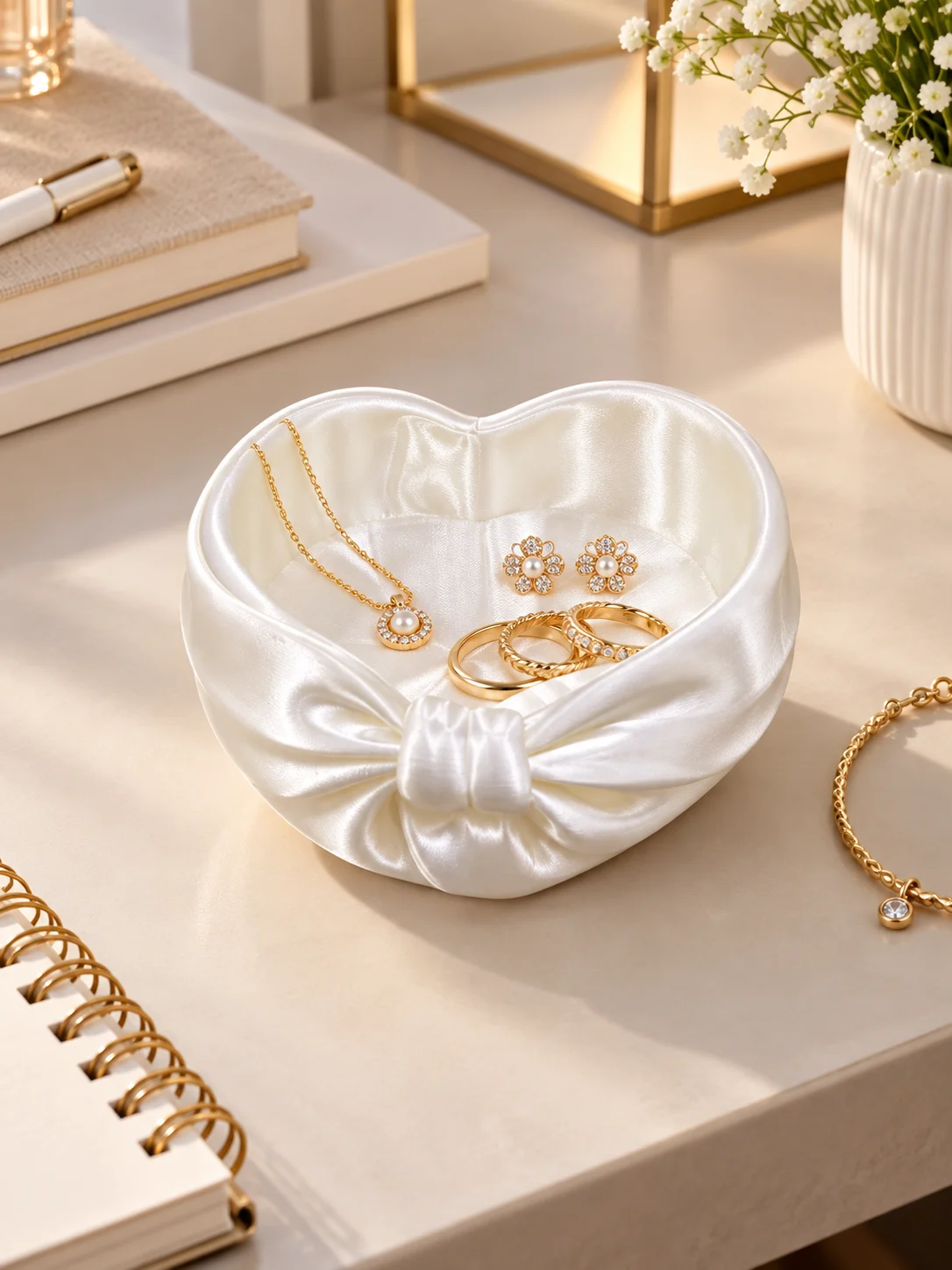 Say Goodbye to Desktop Clutter, No More Random Paper Clips Lying Around. Heart-Shaped Desktop Storage Box for Organizing Small Items, 3D Printed White Petg Bowknot Decorative Jewelry Tray, Satin-Like Texture with Smooth Edges, Small Storage Bowl, Easy to Sort and Store Paper Clips, Stationery, Rings, Earrings, and Jewelry. Items Are Neatly Arranged and Easily Visible, Easy to Access. Large Opening Design for Convenient Retrieval. Compact Size Does Not Take up Desktop Space. Suitable for Office Desks and Study Tables