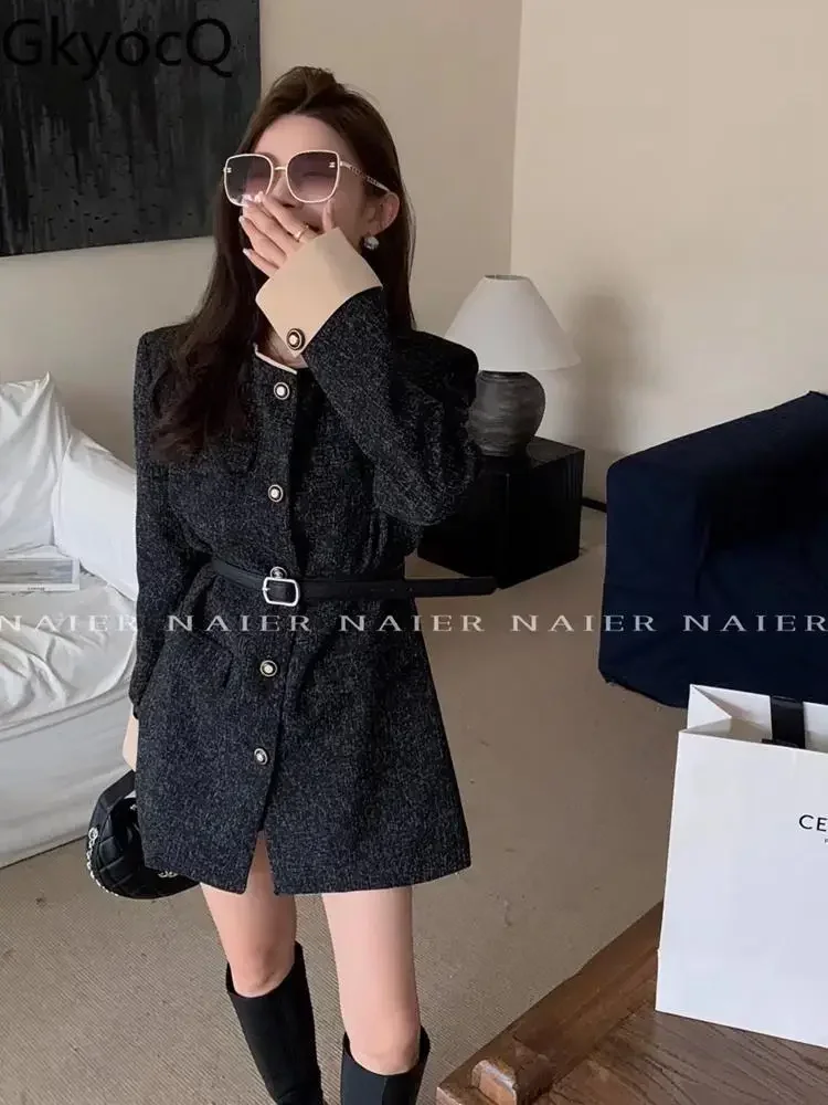 

GkyocQ 2023 Fall and Winter Black Velvet Dress Small Fragrant Single Breasted Women Senior Sense Simple Formal Women Dresses
