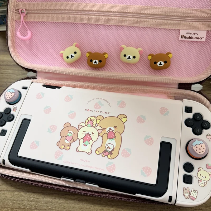 Genuine Rilakkuma Korilakkuma Strawberry Sweet Day Series Nintendo Switch 2 Carrying Case Protective Shell Thumb Grip Caps Set