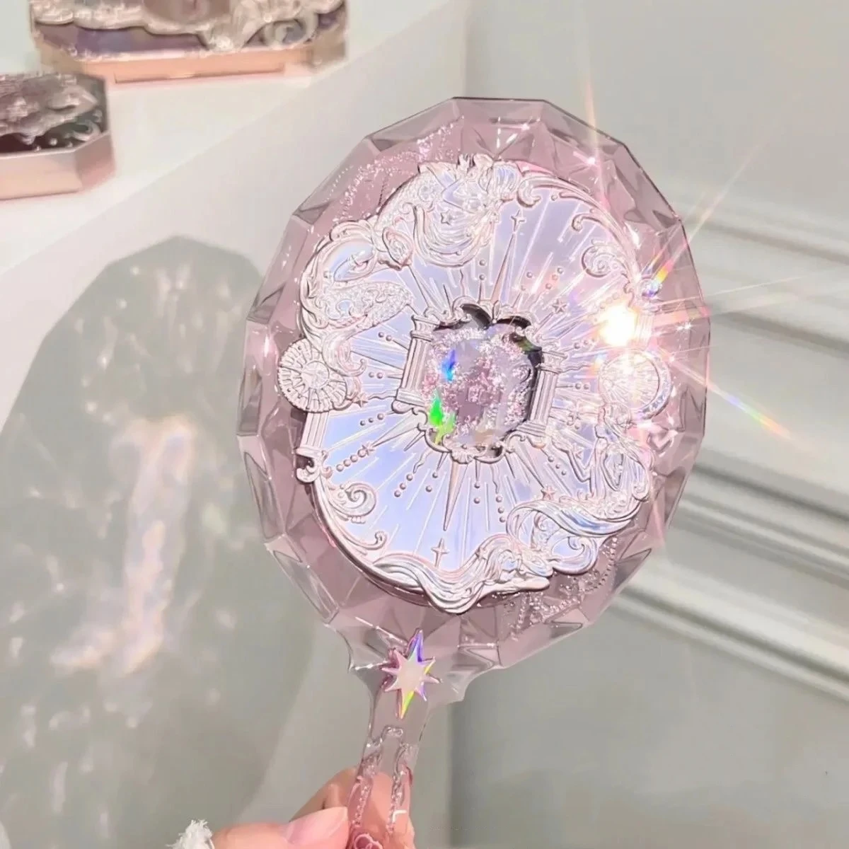 Flower Knows Crystal Mirror Moonlight Mermaid Exquisite Textured Hand Mirror Blue Pink Ladies Makeup Tools