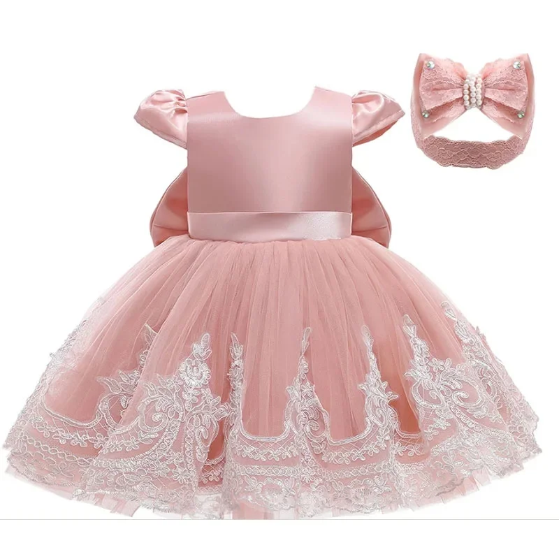 Children's Backless Lace Evening Dress for 1st Birthday Party Baby Clothes Summer Pink Princess Dress Girls Elegant Dress 3-24M