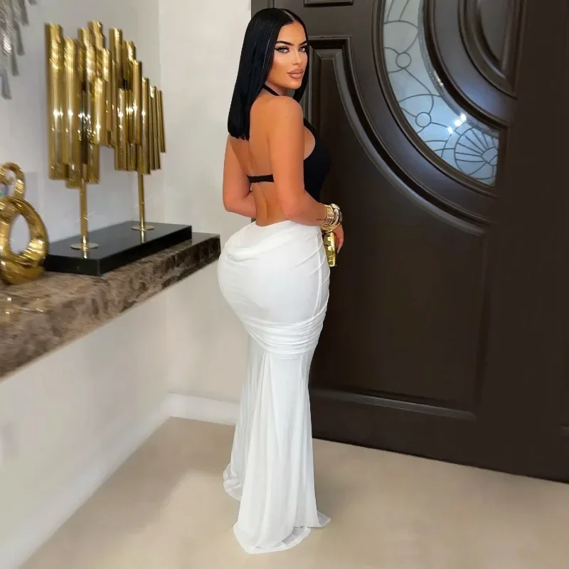 ชุดเดรสยาวทรงแม็กซี่สำหรับงานปาร์ตี้ ดีไซน์เว้าหลัง คอวี เซ็กซี่ แต่งระบาย ผ้าปะติดปะต่อ ยี่ห้อ GUWU