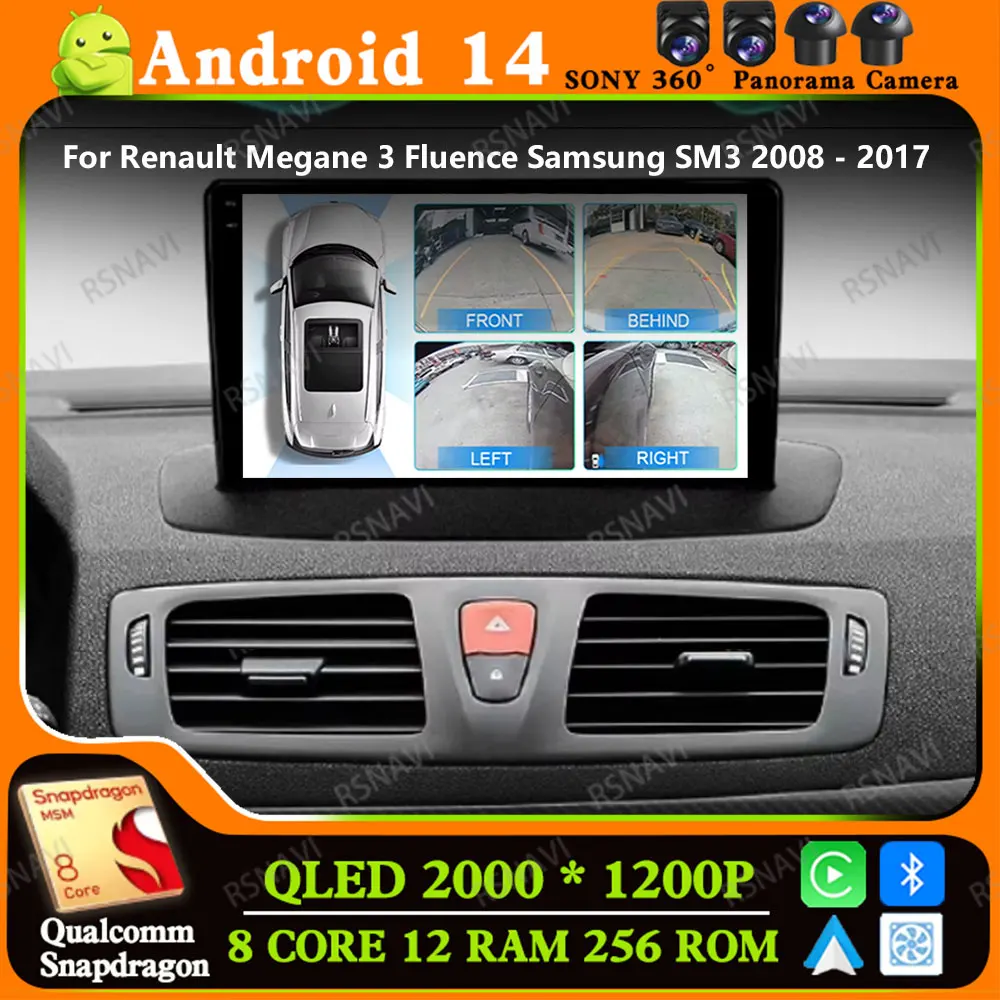 Andoird 14 Radio mobil untuk Renault Megane 3 Fluence Samsung SM3 2008 - 2017 Multimedia BT Head Unit Wireless Carplay Auto DVD DSP