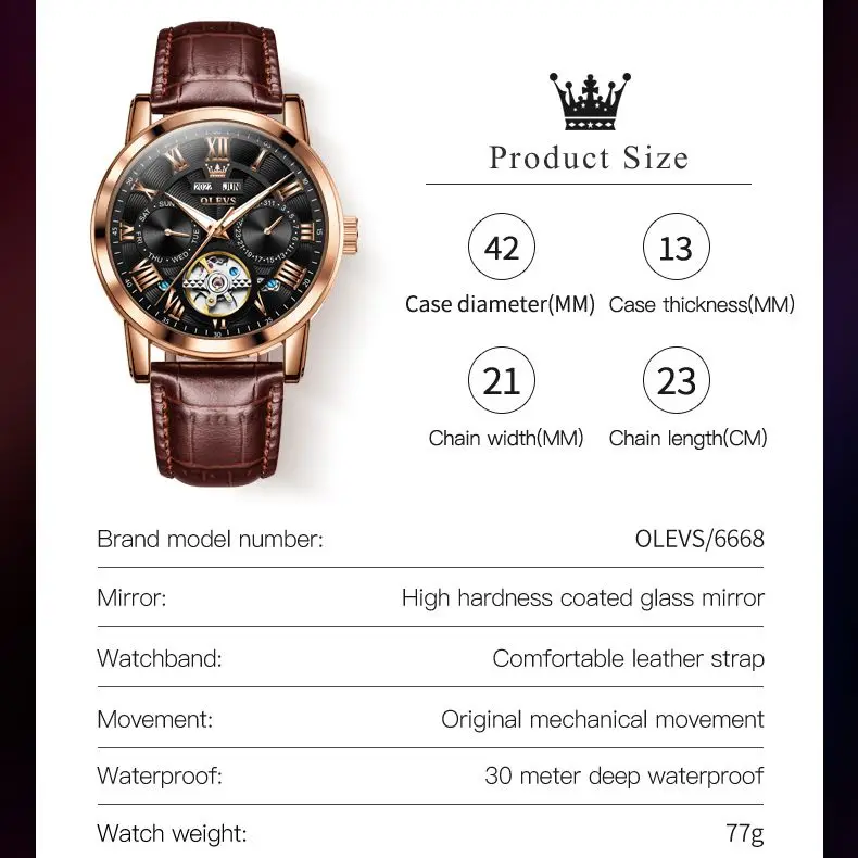 OLEVS Luxury Watch for Men Automatic Mechanical Watches Leather Band Waterproof Moon Phase Men\'s Wristwatches Relógio Masculino