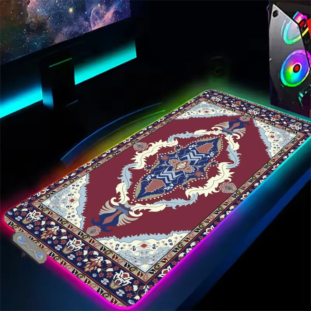 Persian Carpet Floral Pattern S Mouse Pad RGB LED Light Non-Slip Rubber Base Waterproof Office PC Home Best Price Desk-Mat USB L