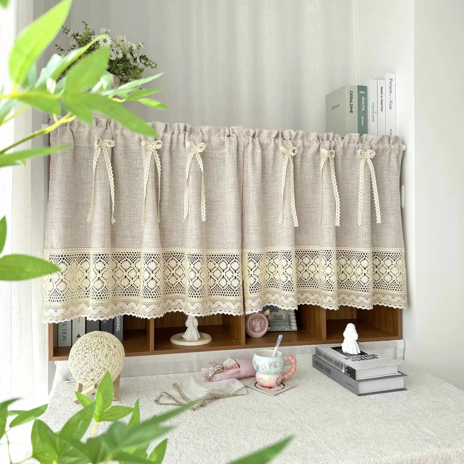 Boho Crochet Lace Stitching Beige Short Curtains For Kitchen,Retro Half Curtain with Ribbon Bow Tie Decor Cabinet,Small Window