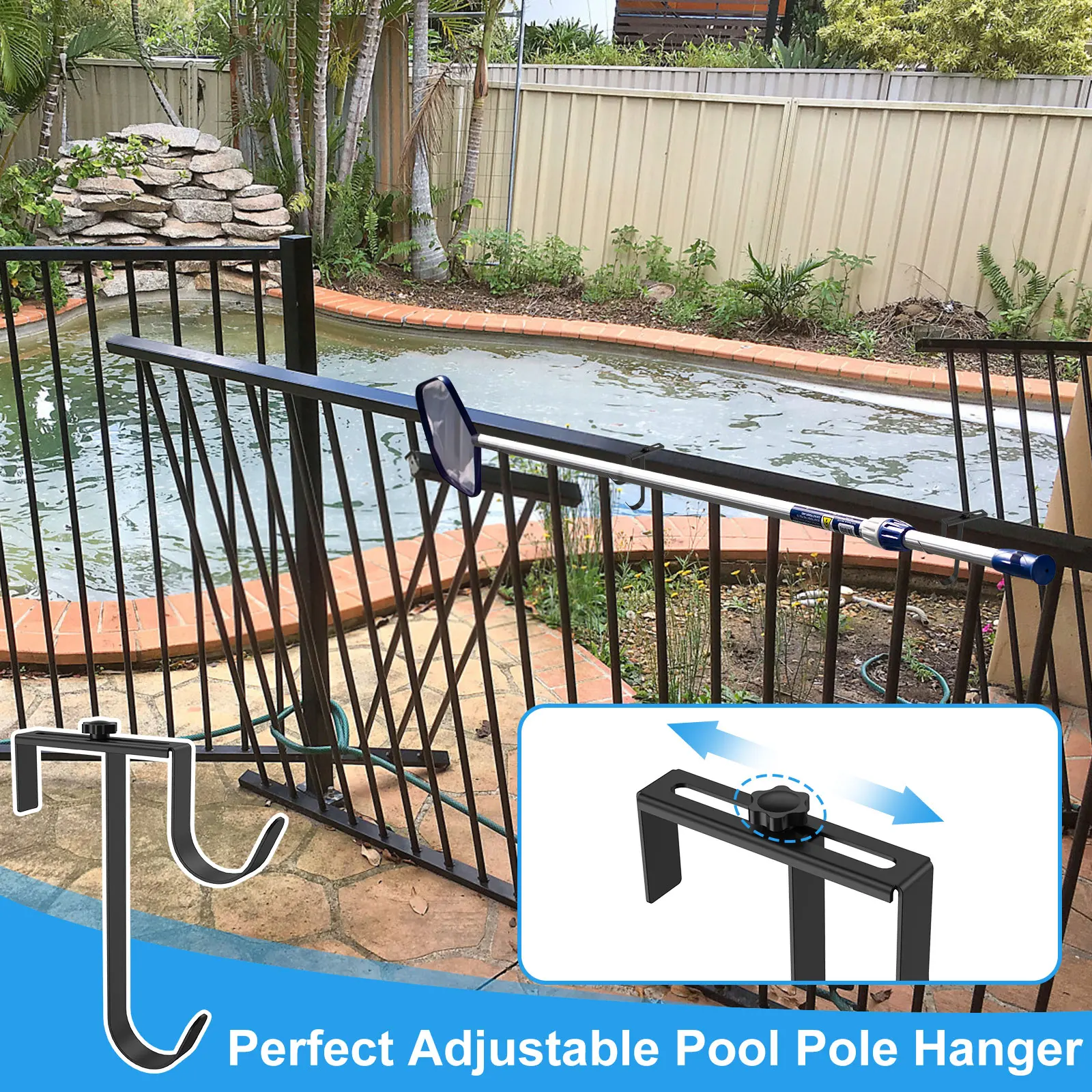 2 Pcs Pool Pole Hooks Adjustable Pool Pole Hanger No Drill Pool Fence Hooks Set Rust Resistant Pole Holder for Swimming Pool image 3