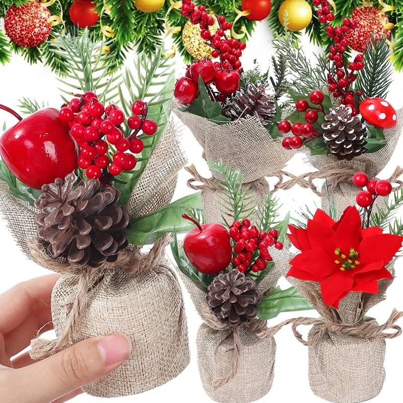 1/5pcs Artificial Christmas Tree Ornaments Pine Branch Berries Flower Desktop Mini Ornaments Christmas Party Decor New Year Gift