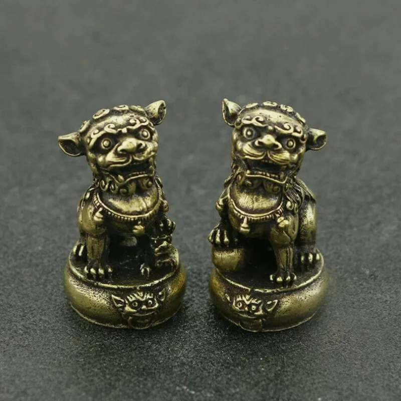 pair Chinese pure brass Fengshui Foo Fu Dog Lion On drum Beast Sculpture Statue