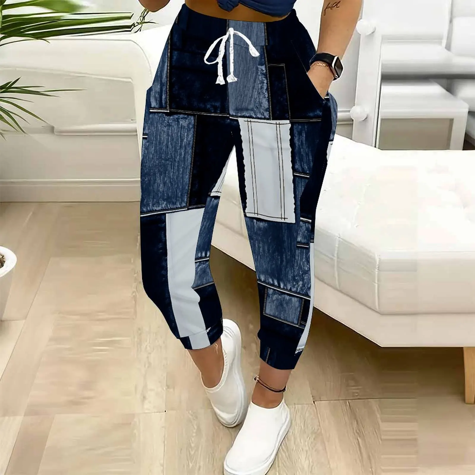 Autumn Winter Fashion Printed Ninth Pants Casual Drawstring Design Pants Women Casual Sport Pants