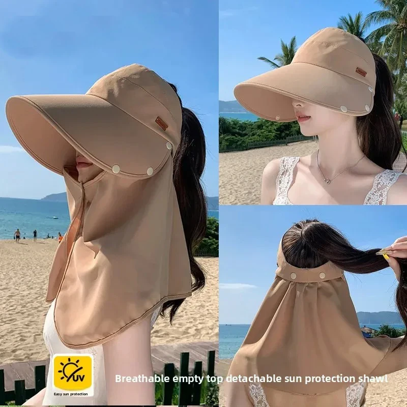 

Women Sunshade Shawl Cap Detachable Wide-Brimmed Anti-UV Visor Cap Polyester Soft Picking Tea Hat Outdoor Riding Hat