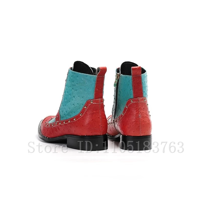 Men Genuine Leather Color Matching Ankle Boots Lace Up Zipper Rivets High Top Ankle Boots Classic Business Dress Boots