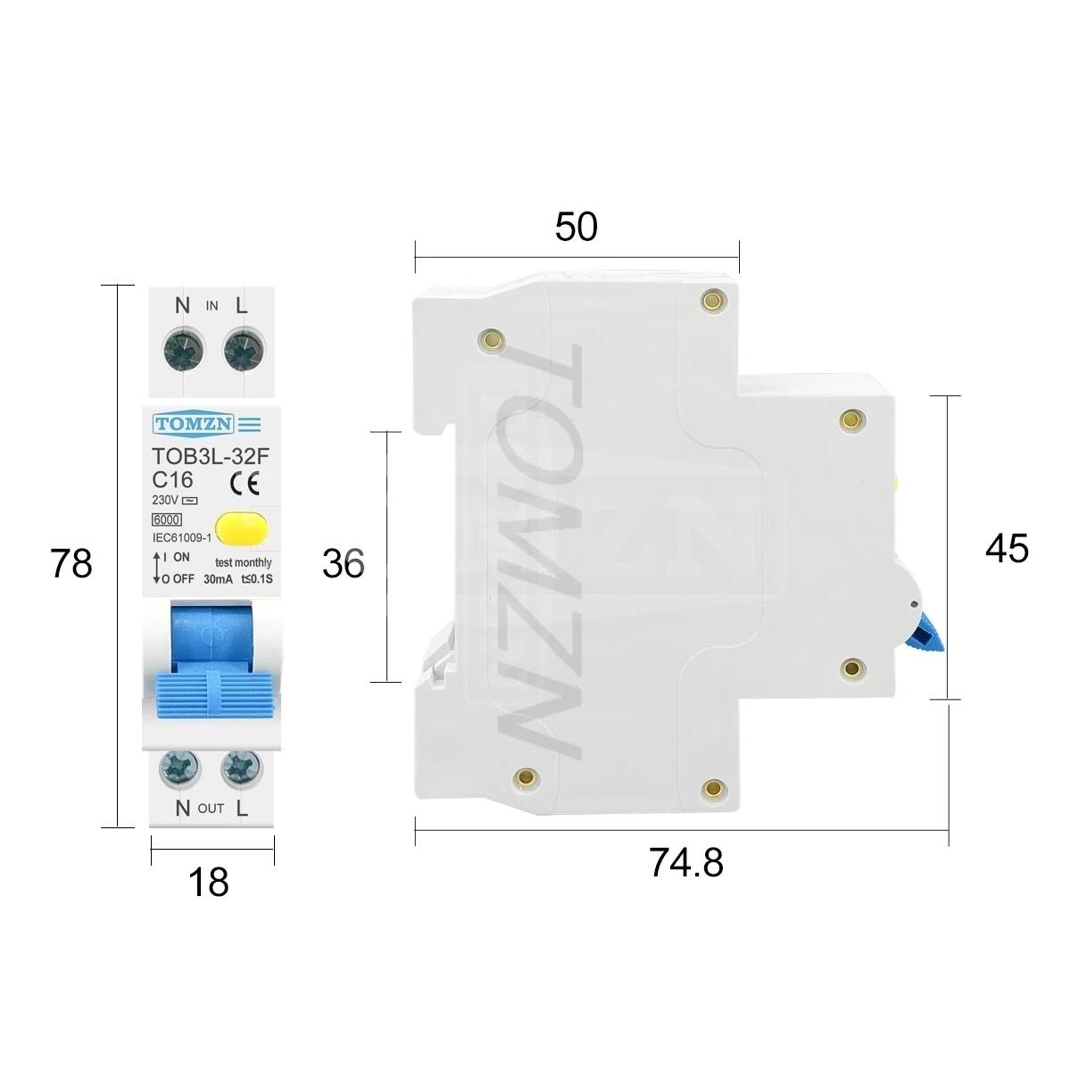 TOMZN 18MM 1P+N 6kA RCBO Circuit Breaker Mini Earth Leakage Protector Overload Short-Circuit Dual Protection DIN Rail Mount MCB