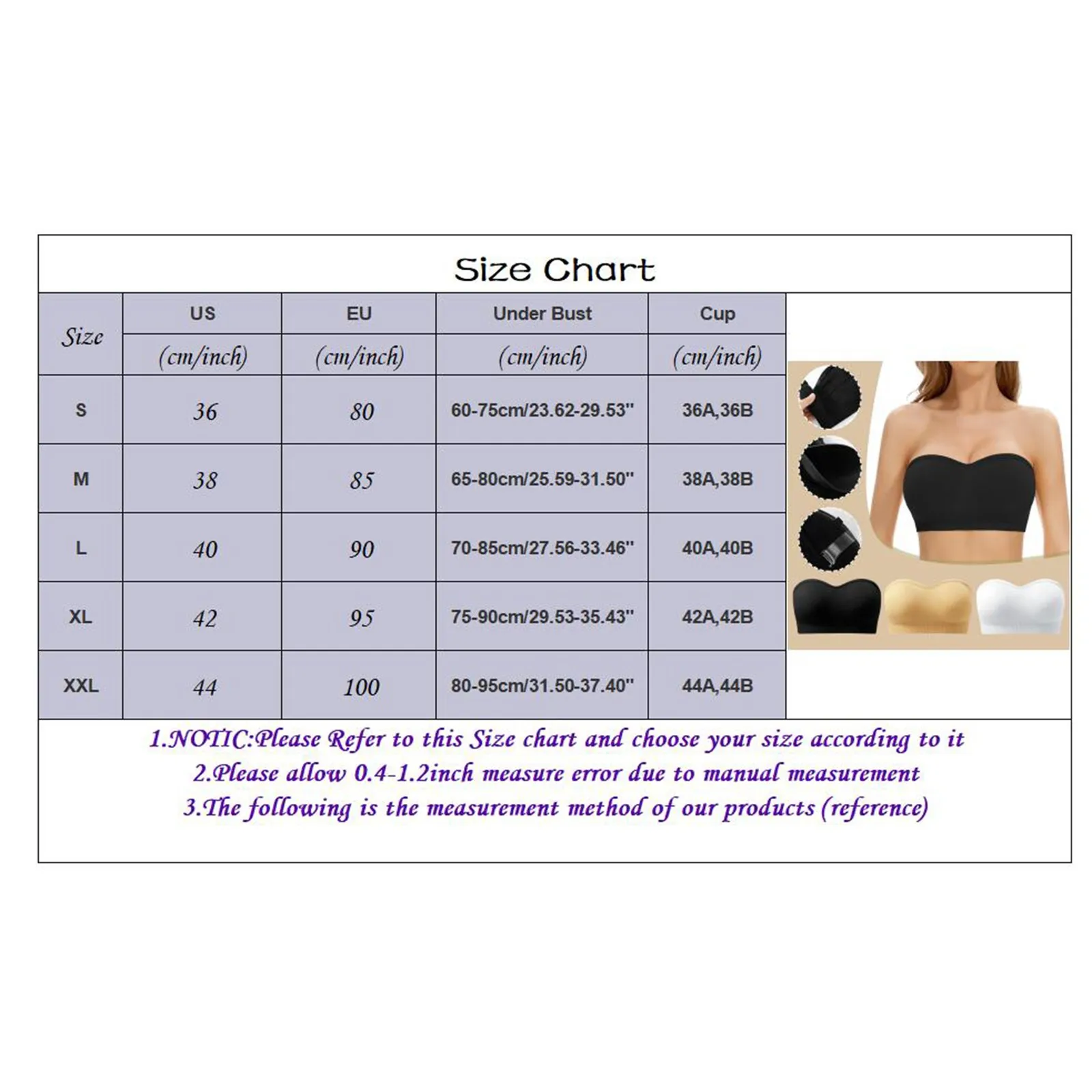 Women\'S Strapless Bra Push Up Padded Plus Size Seamless Underwired Convertible Underwear Bandeau Bras Non Slip Wrapped Bras