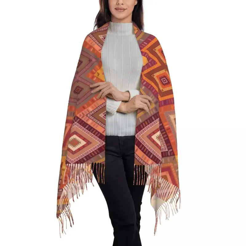 Kilim Diamonds Turkish Ethnic Art Scarf Wrap Long Winter Fall Warm Tassel Shawl Unisex Bohemian Persian Tribal Carpet Scarves