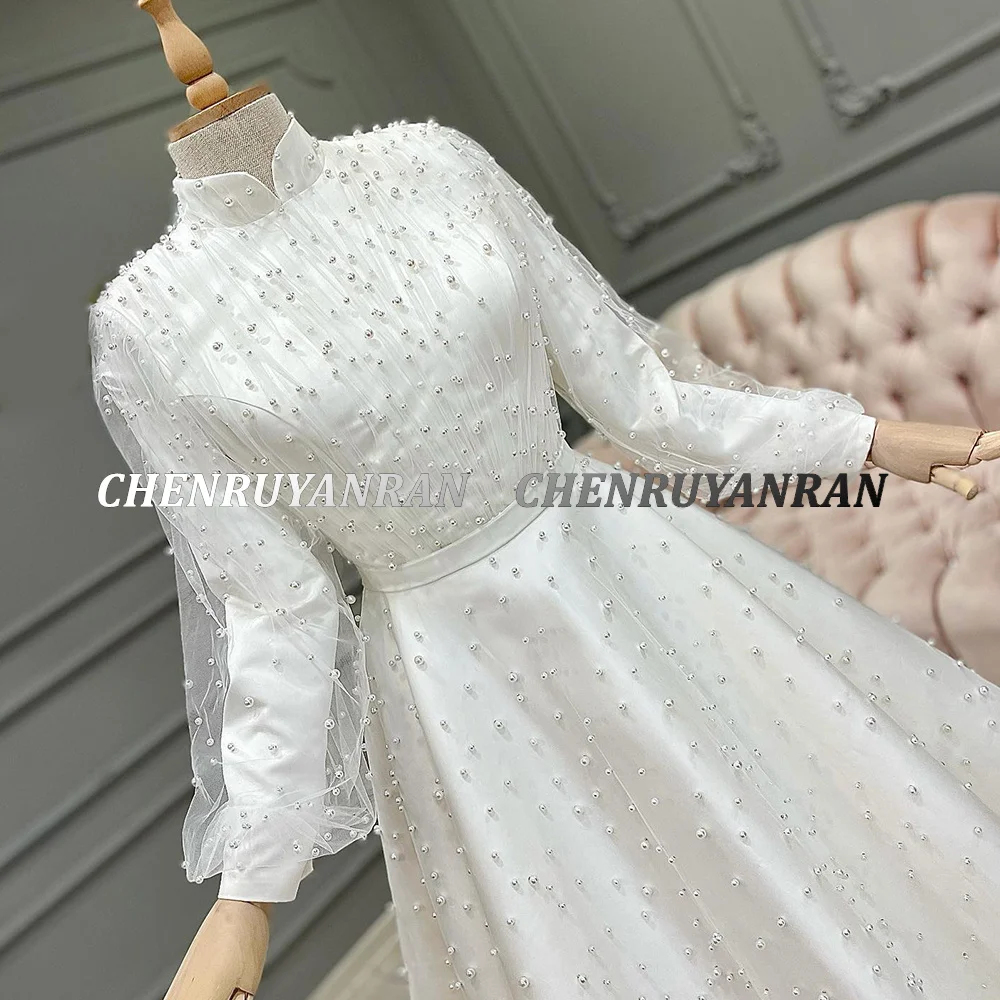 Chic Muslim Wedding Dresses For Women 2022 Pearls Long Sleeves Wedding Gowns Covered Back Elegant Bride Dress vestidos de novia