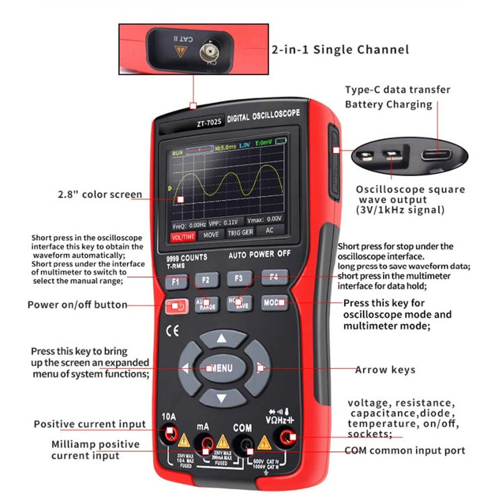 Oscilloscope High Accuracy Oscilloscope Multimeter 1 Click Auto Measurement 2.8 inch  Color Screen with 2 Probes for Sensors
