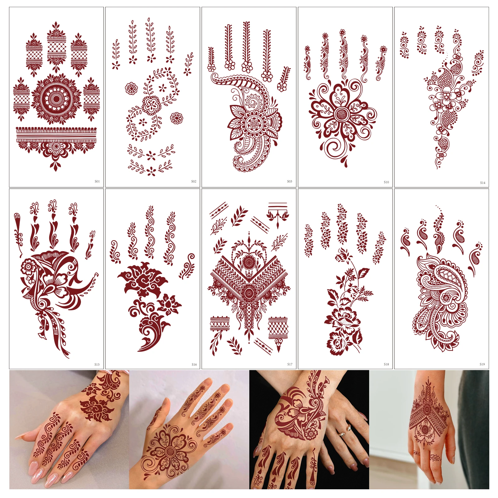 

10pcs Red Lace Henna Tattoo Sexy Maroon Tattoo Stickers Waterproof India Mehndi Design Temporary Tattoos Finger Hand Tattoo