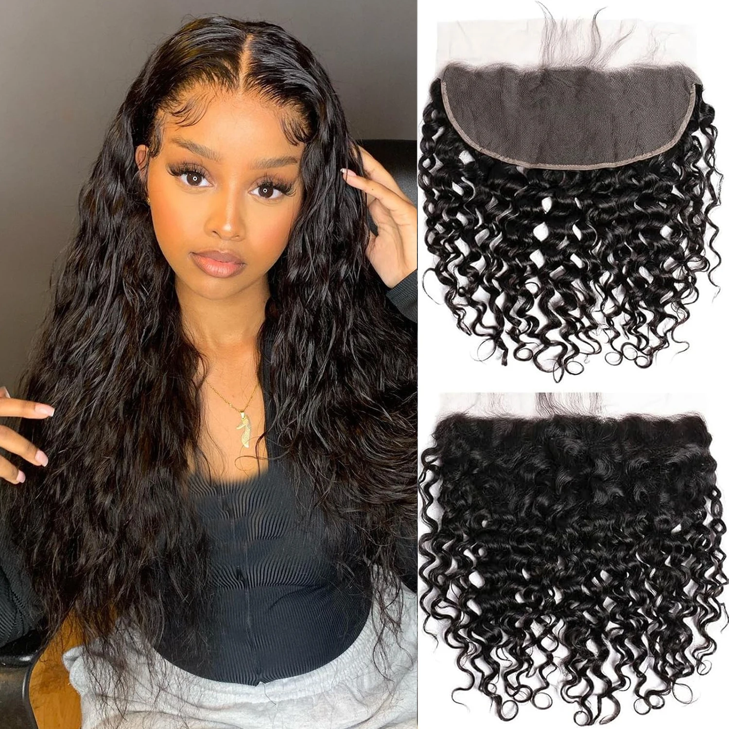 Water Wave Lace Frontal Closure 13x4 Lace Water Wave Lace Frontal Human Hair Transparent Lace 100% Human Hair Natural Black