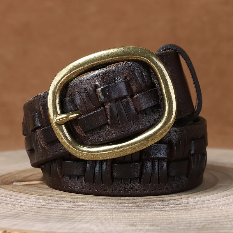 

New style first layer cowhide hand-woven belt men's genuine leather pin buckle retro trend personality jeans belt