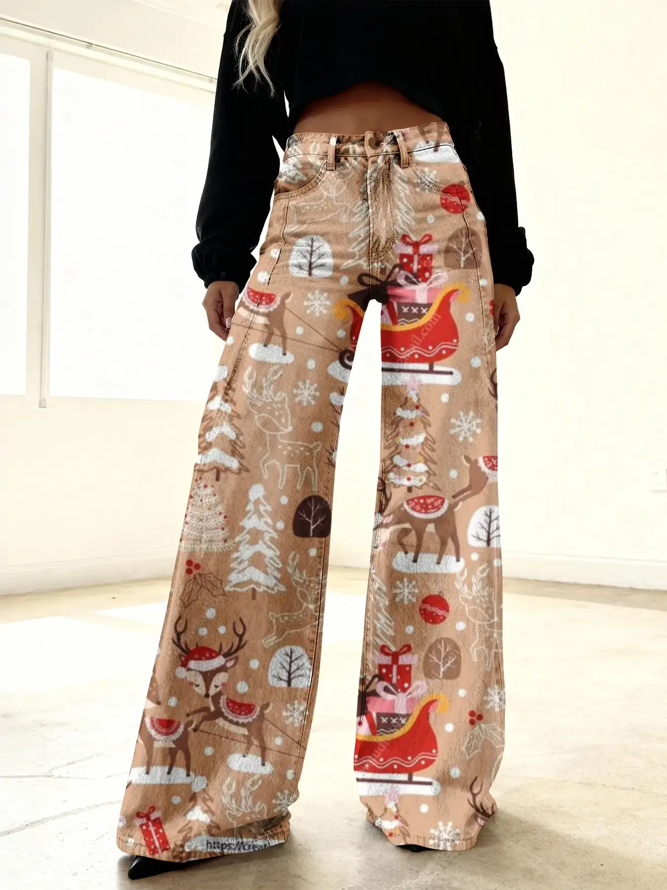 

Women's imitation denim printed high waisted flared pants, sweet and cute, Women's denim appearance pants