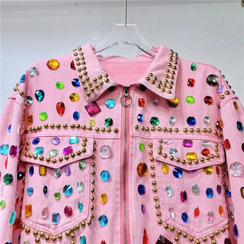 

Spring New Heavy Work Rivet Beaded Diamond Pink Denim Jacket Casual Loose Zipper Lapel Long Sleeve Cowboy Coat Chaqueta Mujer