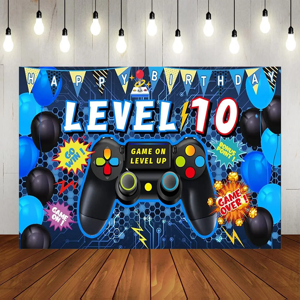 

Kids Boys Blue Happy 10th Birthday Party Baner Backdrop Level Ten Unlocked Game Console Decorations Photography Background