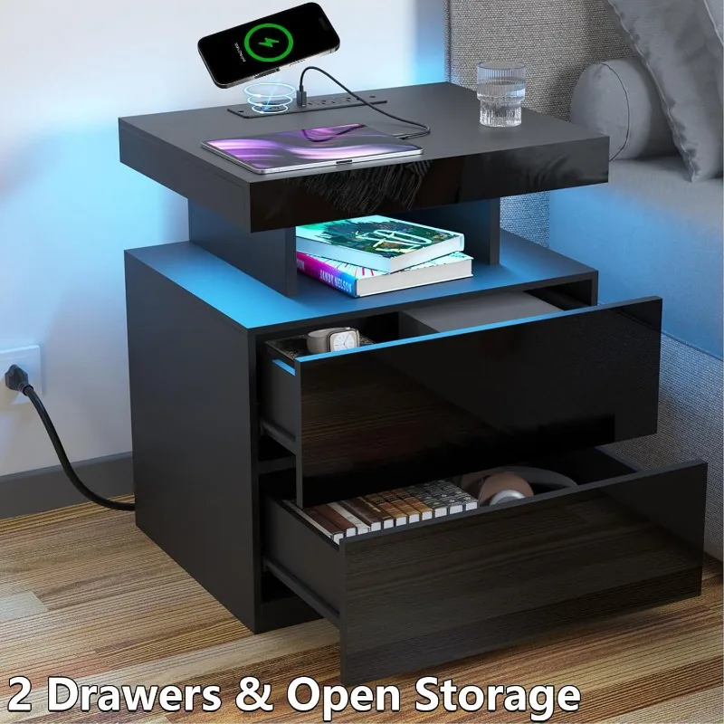 

LED Nightstand With Wireless Charging Station USB Ports High Bedside Table With LED Light RGB Adjustable Brightne Organizer