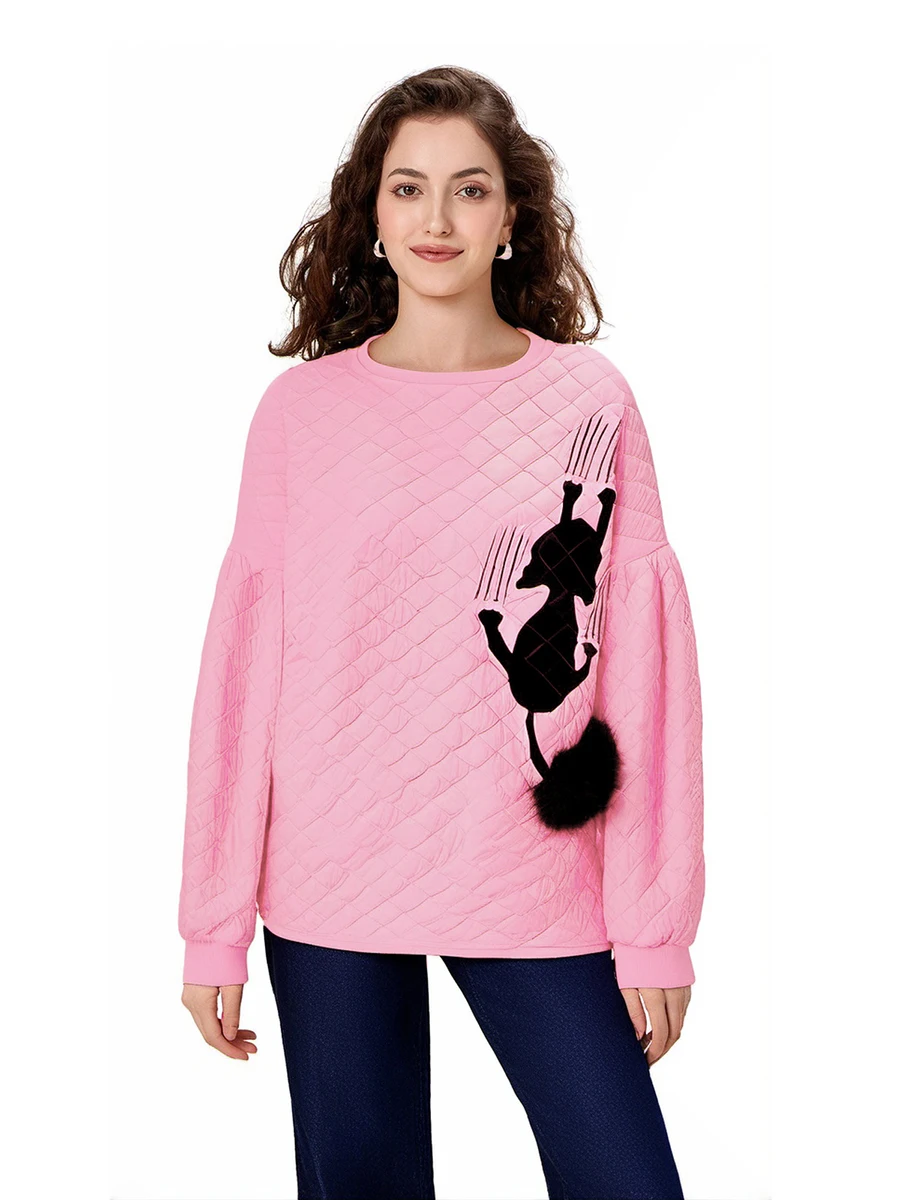 Women'S Halloween Pink Sportswear Sequined Ghost Round Neck Long Sleeved Quilted Pullover Casual Top Sweatshirt