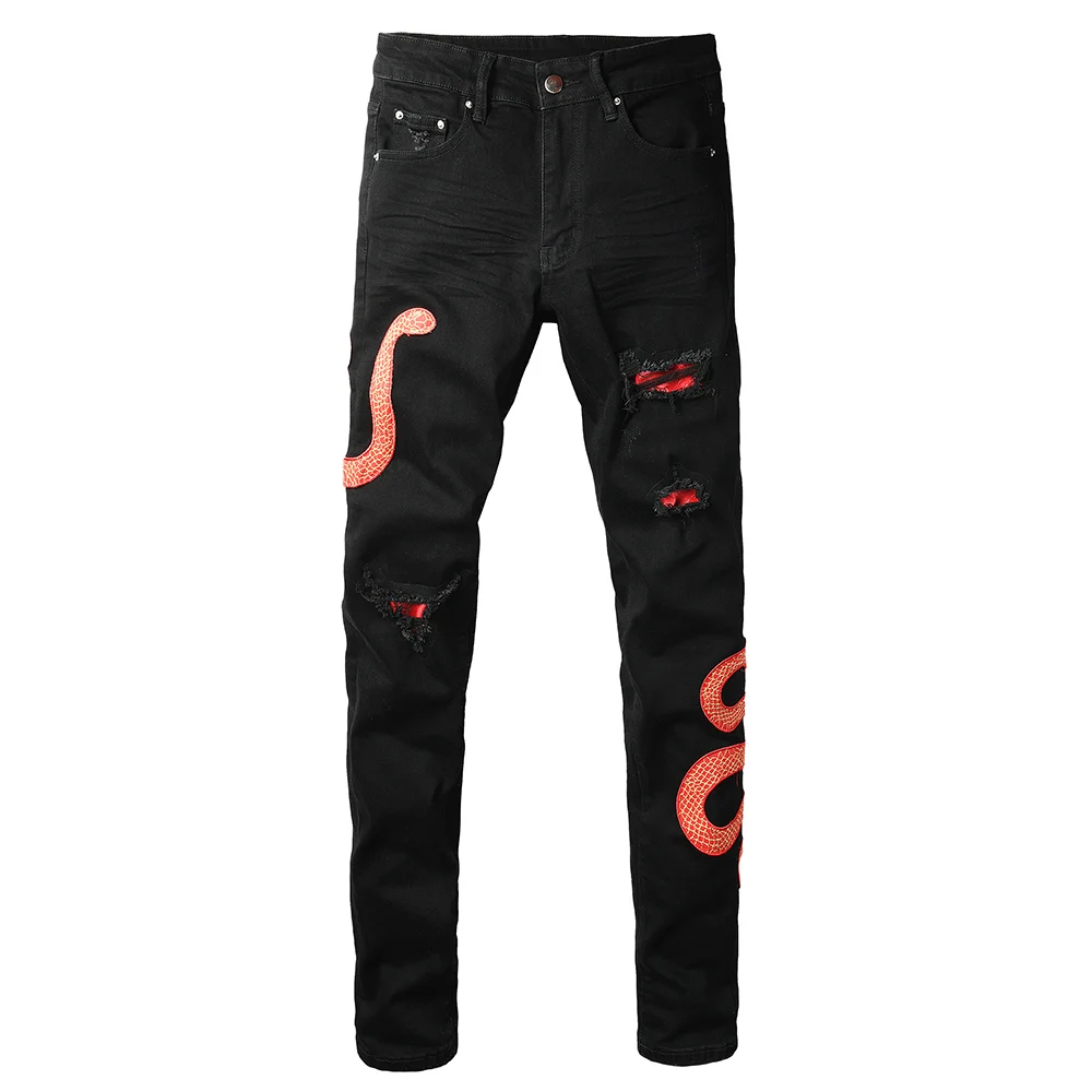 

Men's Black Snake Embroidery Stretch Denim Jeans Pants Skinny Tapered Pencil Trousers with Snakeskin Leather Patch