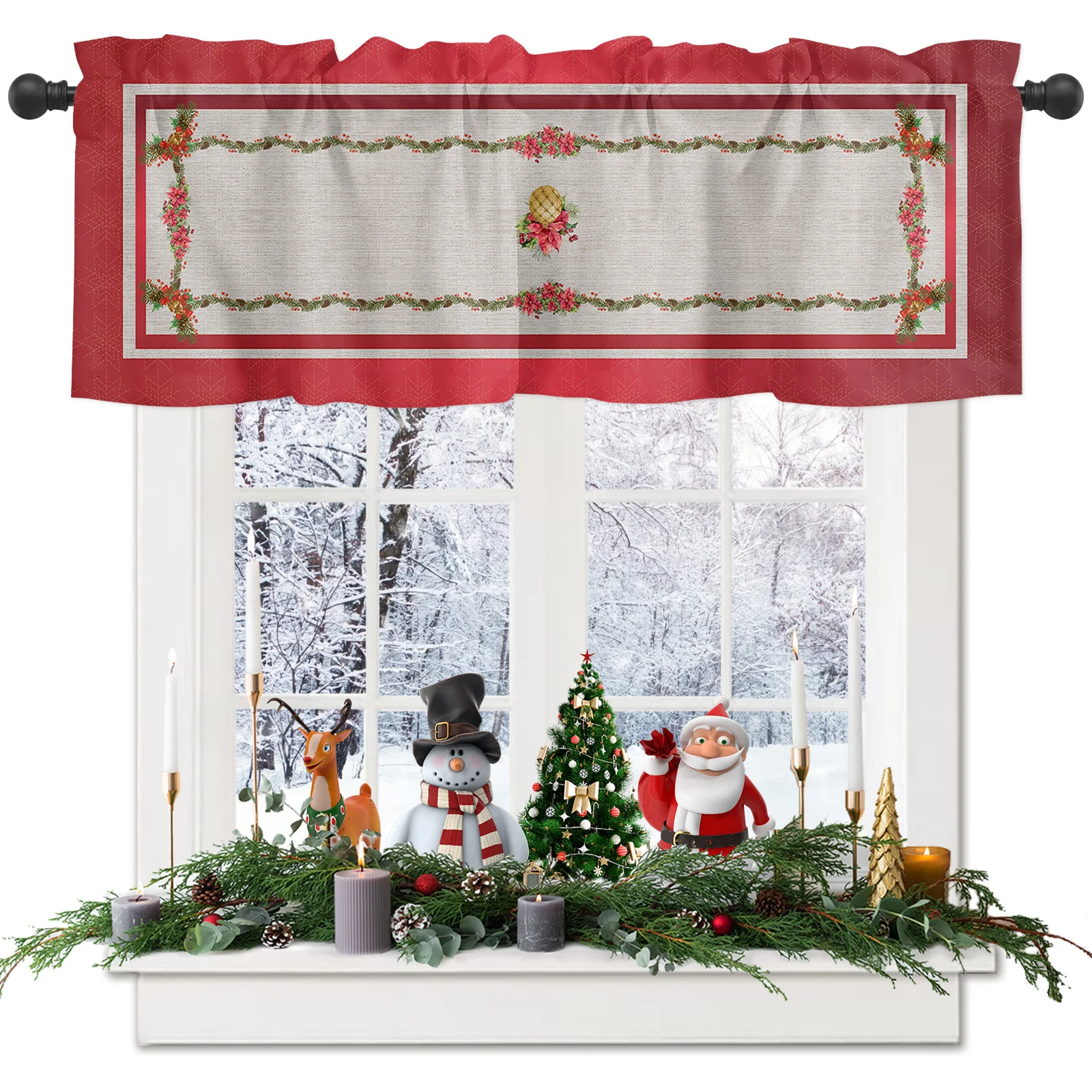 

ZEDLIYU Valances for Windows Kitchen Living Room Small Window Valance Red Poinsettia Christmas 1 Panel Valance Decor Bedroom