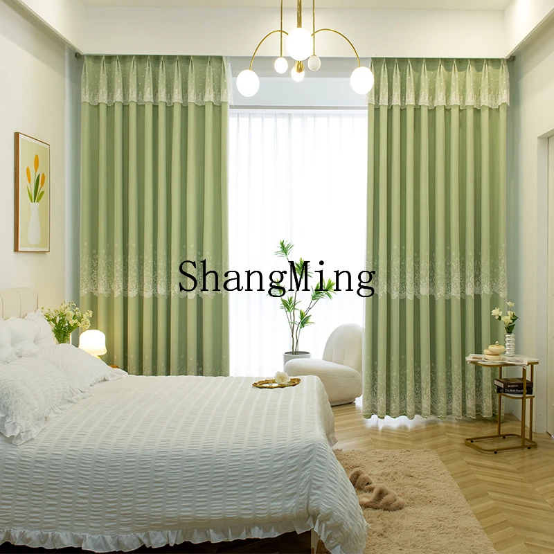 

DHY curtain blackout cloth yarn living room bedroom bay window green simple modern double layer with yarn