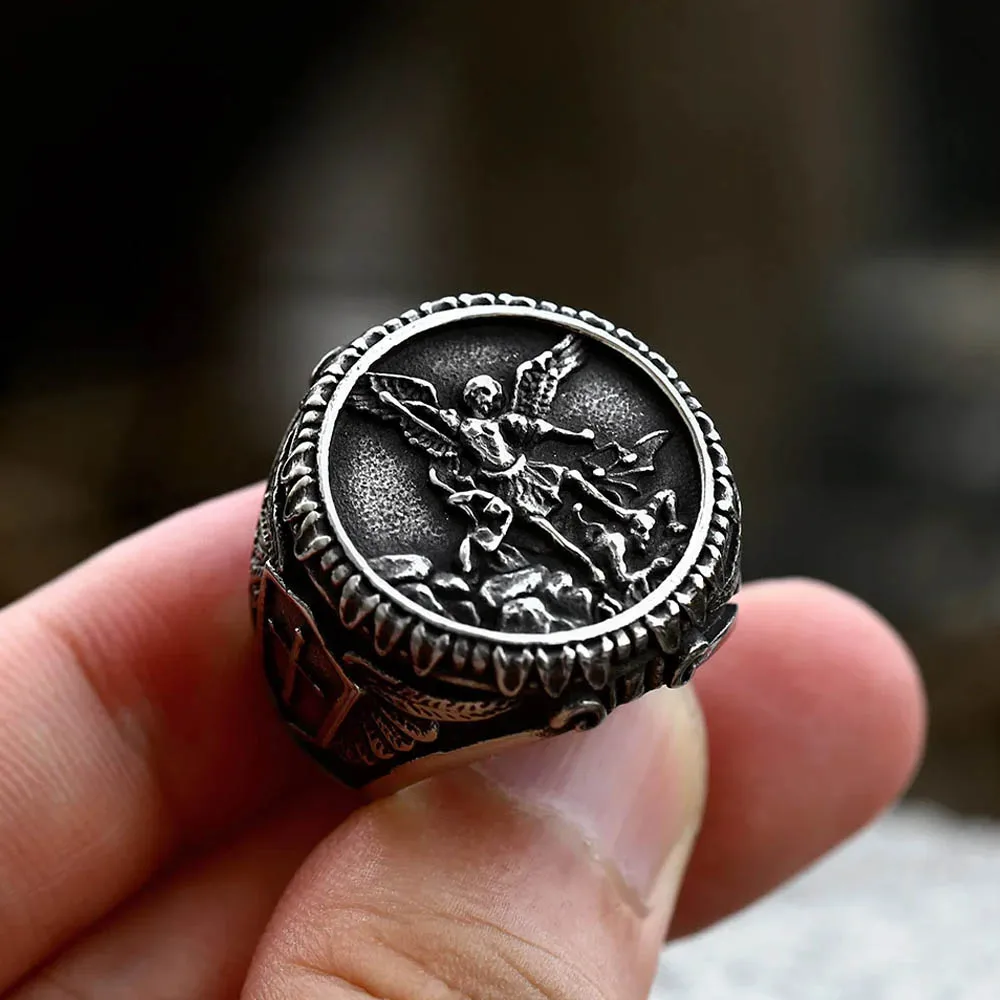 Vintage Archangel Michael Ring Men Punk Hip Hop Stainless Steel Knight St. Michael Slayer Dragon Ring Catholic Jewelry Wholesale