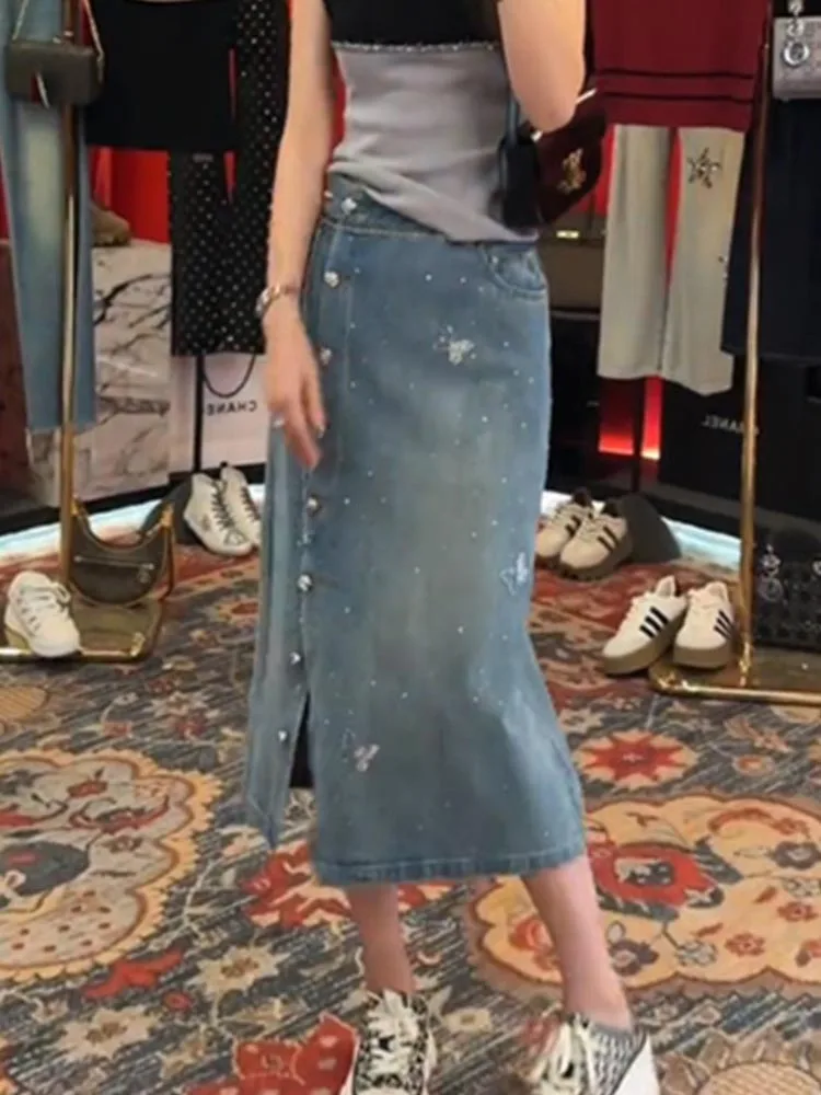 Denim Skirts Women's Clothing 2025 Spring New Hot Diamond Temperament Skirt Feminine Trendy Medium Long Skirts