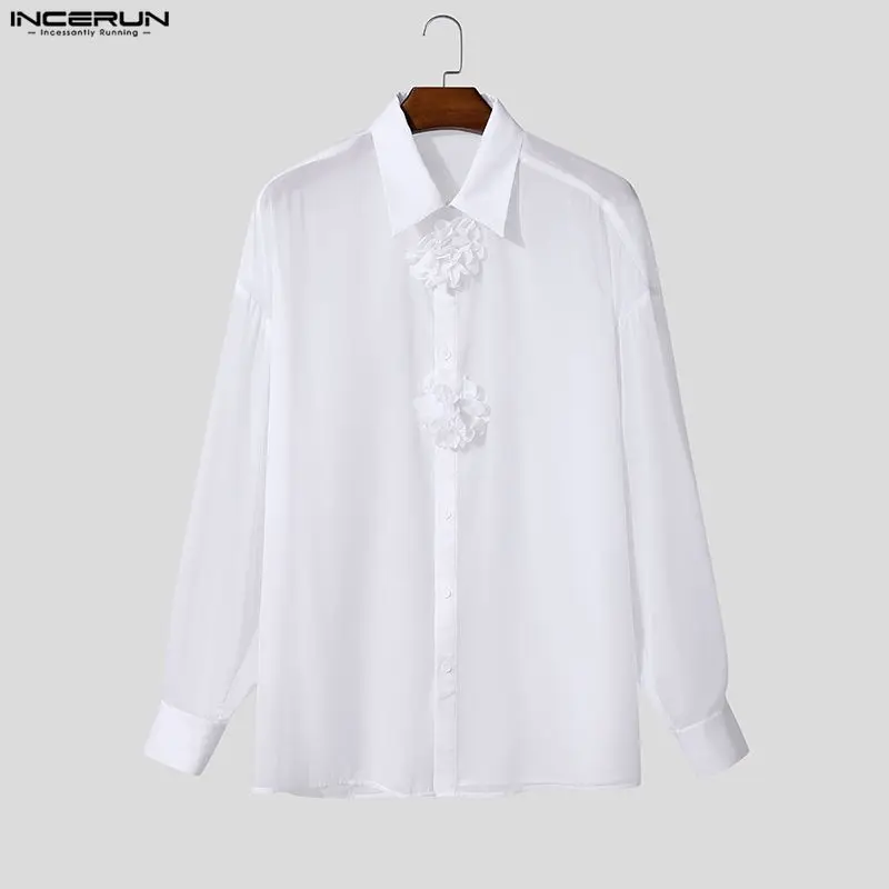 INCERUN Мужская рубашка Сетчатая прозрачная цветочная лацкана с длинным рукавом Мужская одежда Уличная одежда Свободные сексуальные модные длинные стильные рубашки Camisas