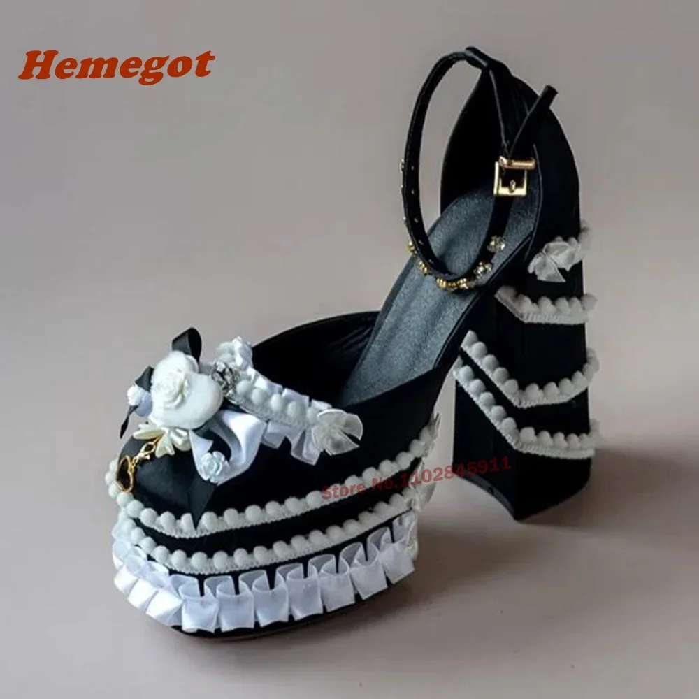 Spicy Girls Platform Chunky Heels Sandals Round Toe Lace Satin Pleated Edge Color-Matching Buckle Women\'s Sandals Lolita Sexy