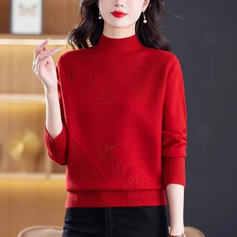 Spring Autumn Embroidered Crew Neck Pullover Knitting Sweater New Middle-Aged And Elderly Winter Female Loose Bottoming Top