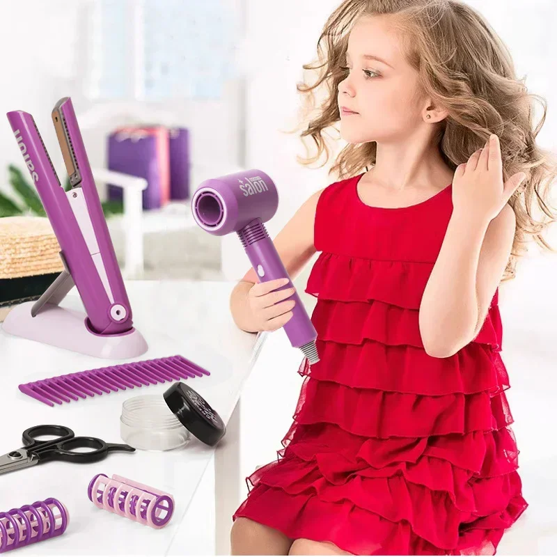 17 Pcs Girls Beauty Makeup Toys Simulated Hair Dryer Beauty Salon Girl Jewelry Gift Girls Hair Dressing Fun Toy Gift