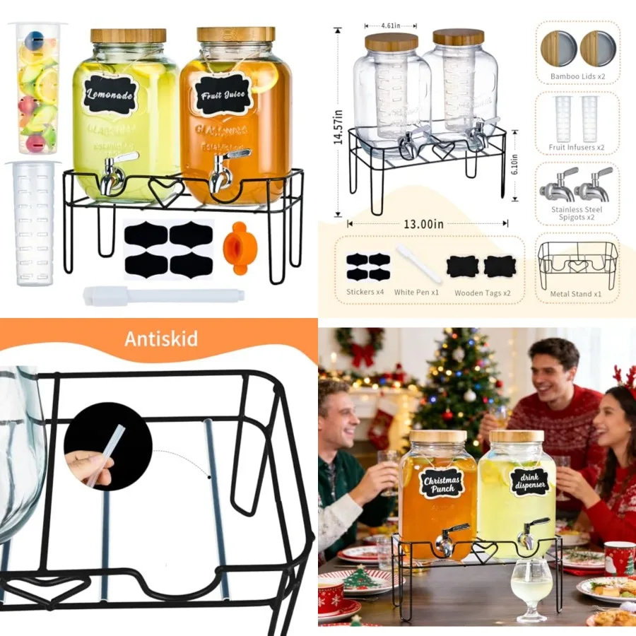 

2 Pack1Gallon Glass Drink Dispenser with StandBamboo LidsFruit Infuser, 304 Stainless Steel Leak-Proof Spigot, Beverage Dispens