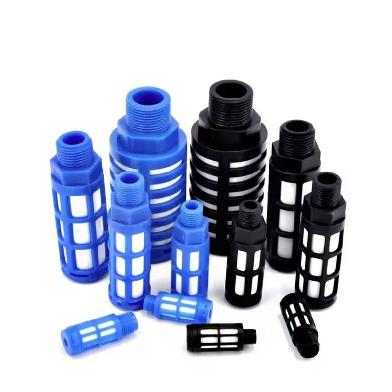 ตัวเก็บเสียงลมแบบนิวเมติก ตัวเก็บเสียงไอเสียพลาสติก เกลียวตัวผู้ 1/8 1/4 3/8 1/2  ตัวกรองดูดซับเสียงแบบล็อคเร็ว สำหรับปั๊มพ่นหมอก สีฟ้า