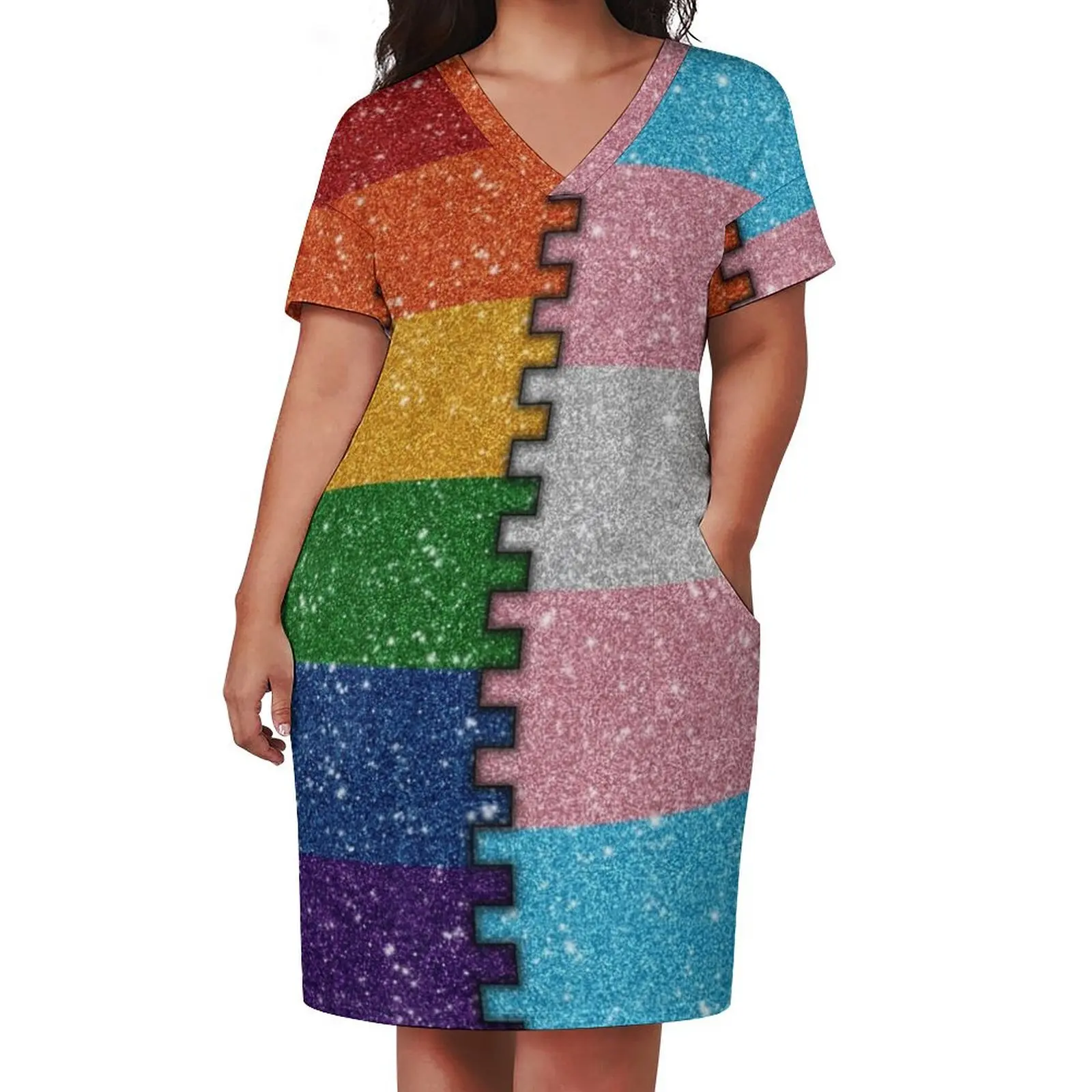 Faux Glitter LGBTQ Rainbow and Transgender Pride Merge Flag Background Loose Pocket Dress dress summer long sleeve dress