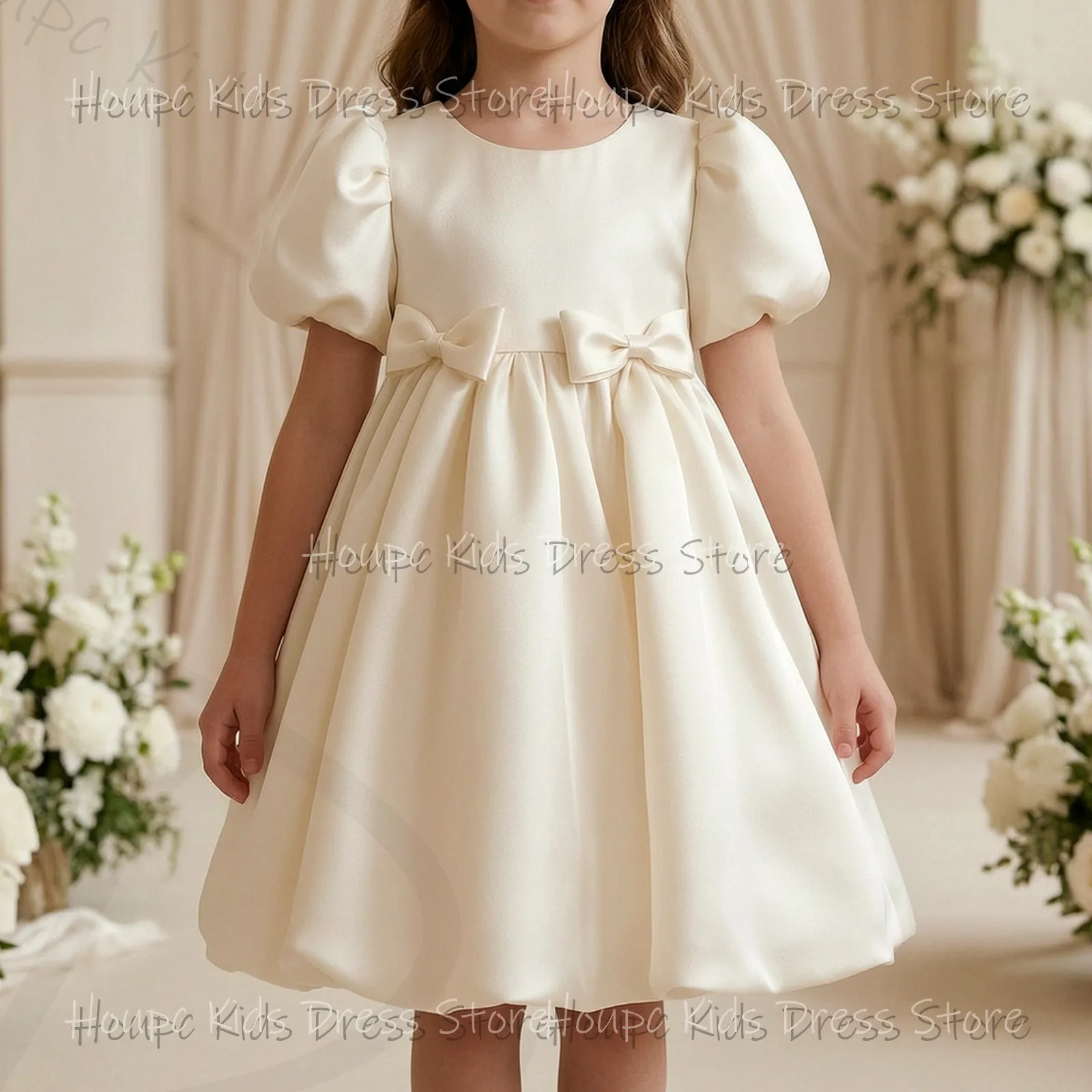 Satin Puffed Sleeve Bow Waist Mini Dress Wedding Birthday Party Custom Flower Girl Dresses Evening Party Prom Dresses