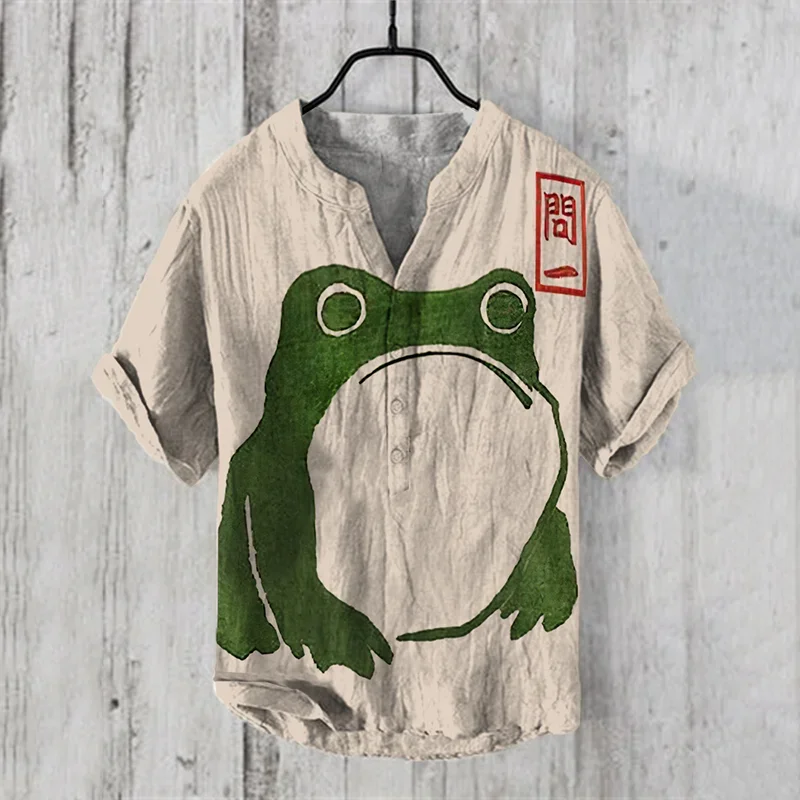 Japanese frog print Henley Shirt Men\'s Cool And Thin Breathable Summer Shirts Button Stand Collar Shirt v-neck henley shirt