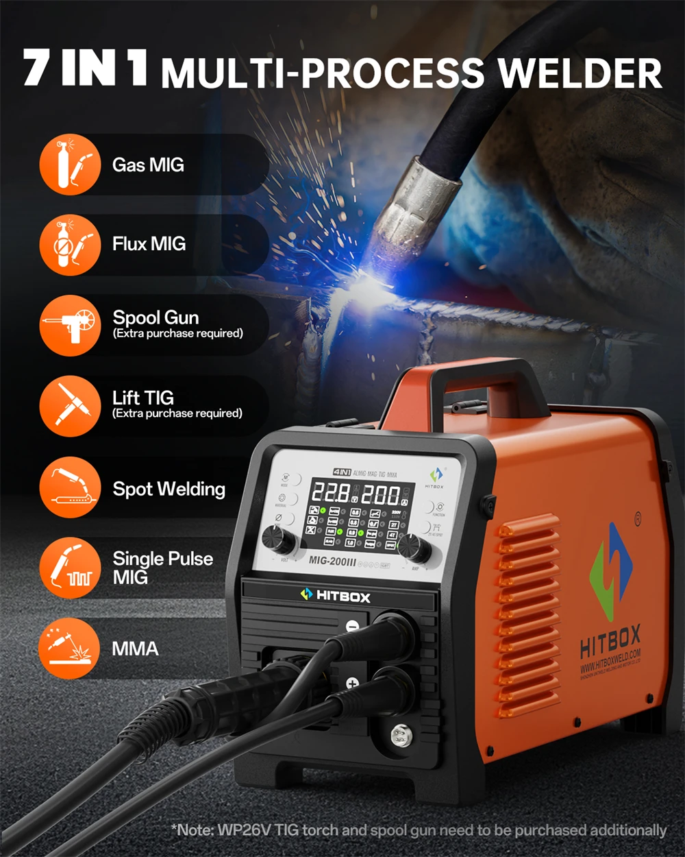 HITBOX MIG-Schweißgerät 220V 200 Ampere 7-in-1 Stick ARC MMA Gaslos/Gas MIG Lift TIG Punktschweißgerät mit Spool Gun, Einzelpuls-Aluminiumschweißgerät, großem LED-Digitalbildschirm und Inverter-Schweißwerkzeug – Detail 17