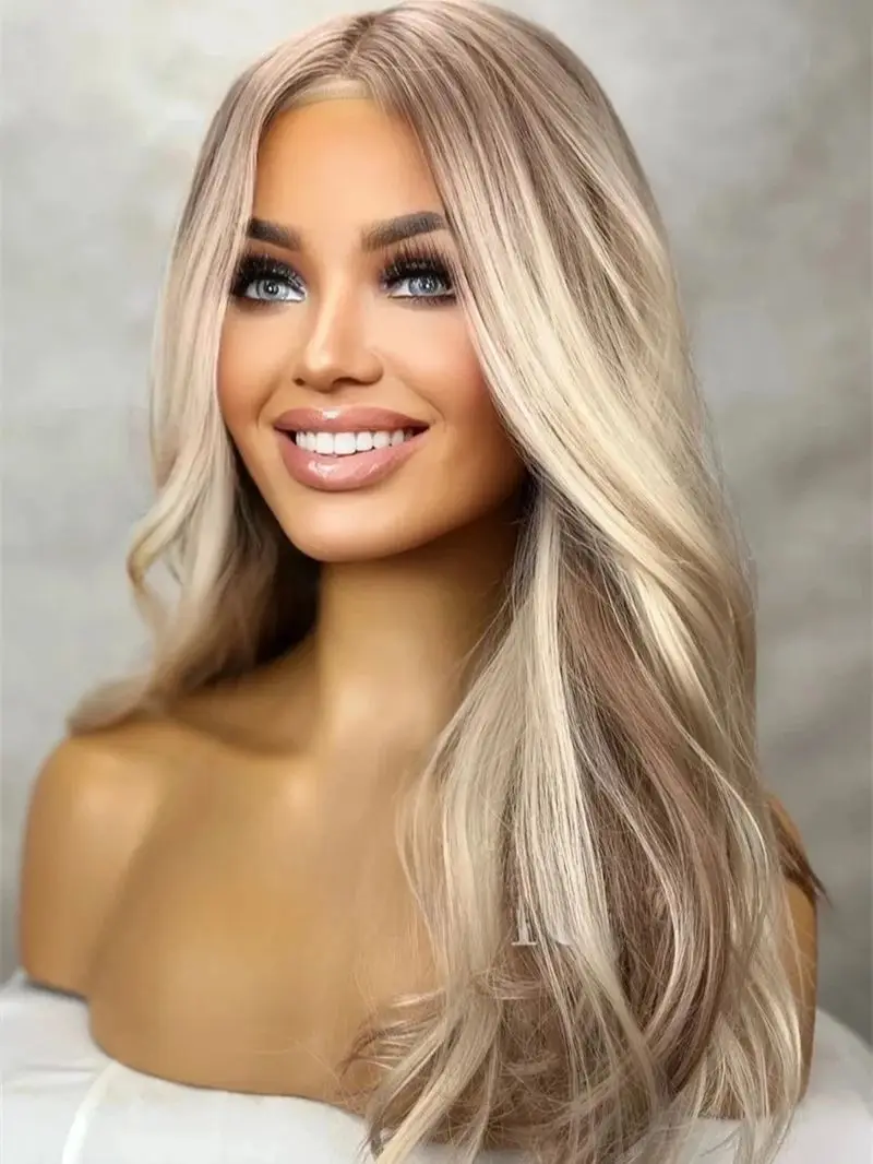 Ombre Ash Blonde Brown Loose Wave Heat Safe Lace Front Synthetic Wig Free Part Glueless Natural Looking Realistyczna peruka do włosów