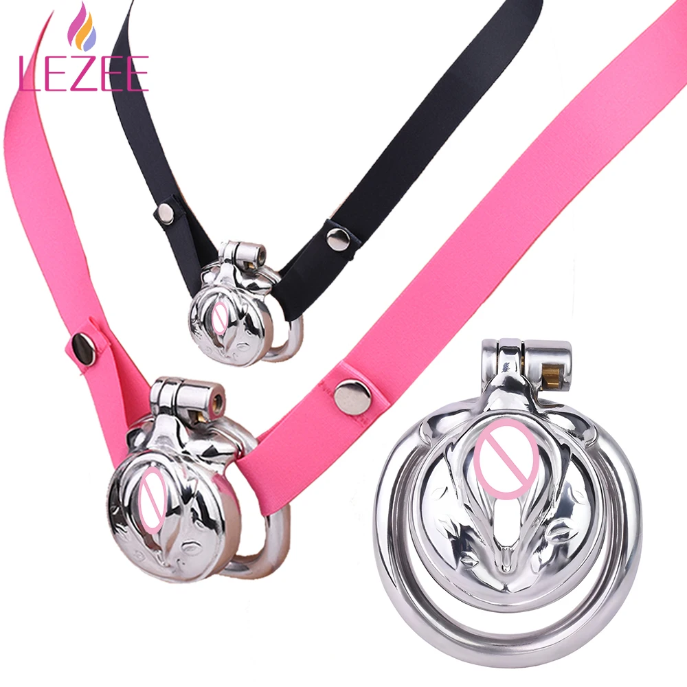 

LEZEE Metal Male Chastity Cage With Elastic Nylon Belt Adjustable Strap Penis Rings Lock Bondage Devices BDSM Sex Toys For Men