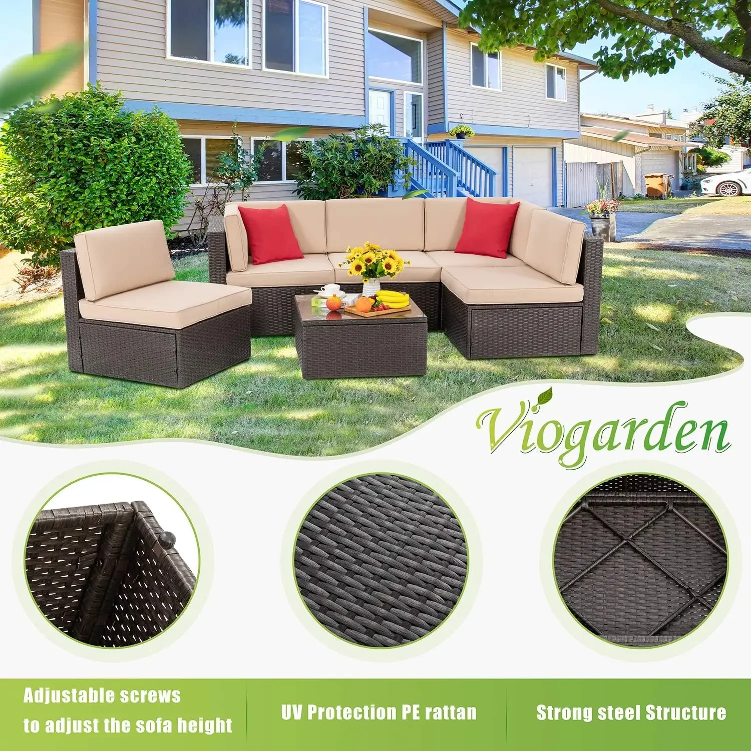 Vongrasig 6 Delige Kleine Tuinmeubelsets, All Weather Pe Wicker Rotan Outdoor Sectional Sofa Conversatie Bank Met Glas